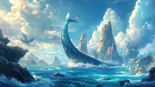 Fantasy seascape with leviathan arc and vertical rock spires.