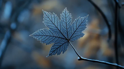 Frosted maple leaf glows softly against a blurred blue forest.