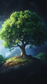 Solitary tree stands on rocky hill under contrasted sky