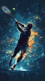 Explosive tennis swing caught in a blaze of bold color.