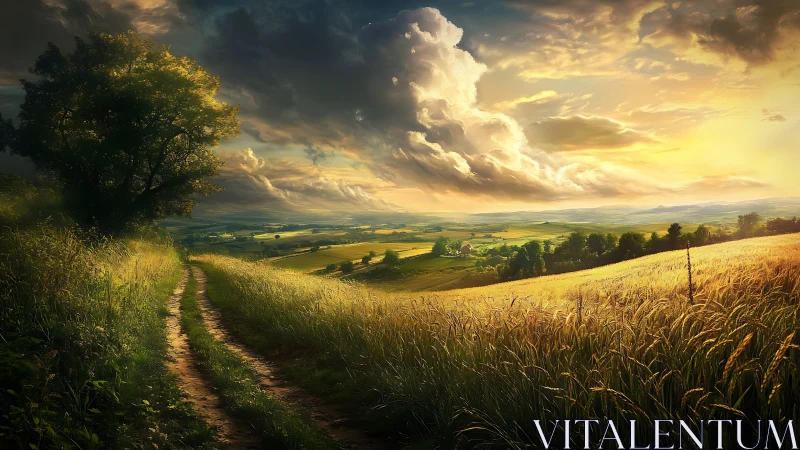 Rural dirt path through fields under dramatic clouded sky.