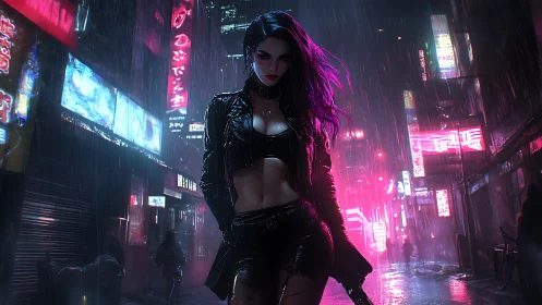 Cyberpunk femme fatale in neon-soaked nocturnal rainstorm.