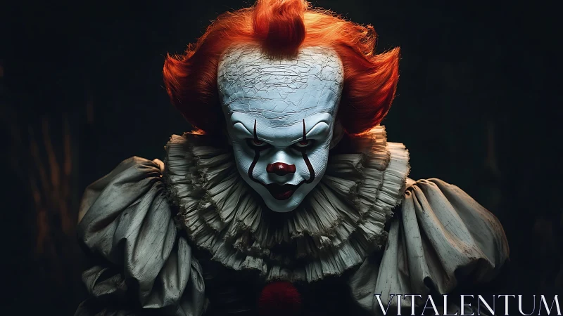 Clown figure with cracked white makeup stares into camera