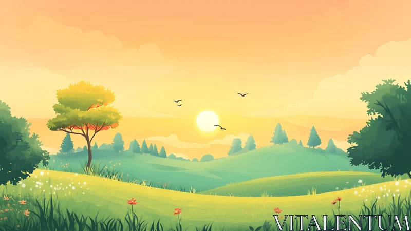 Sunrise over rolling hills with trees and distant birds.