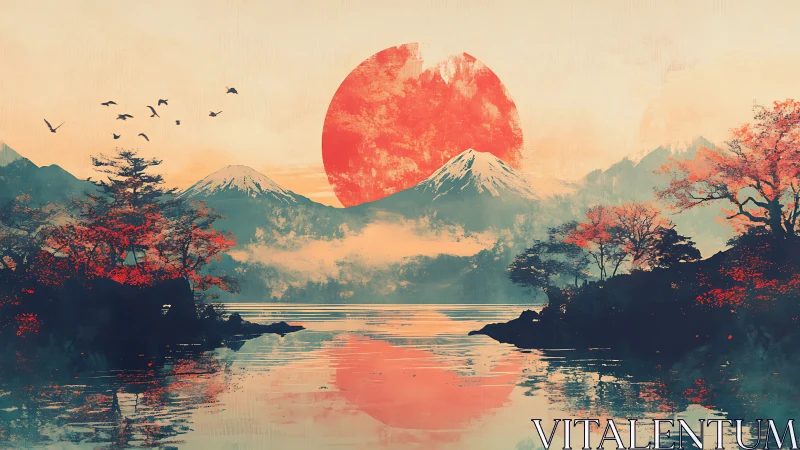 Crimson sun over misted mountains and reflective lake horizon.