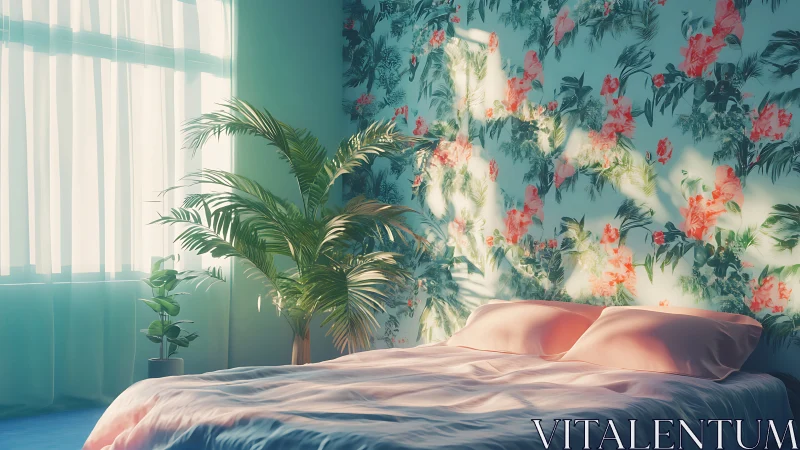 Sunlit tropical bedroom with pastel bedding and floral wall