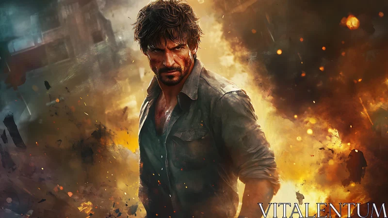 Battle-hardened survivor strides through blazing destruction.