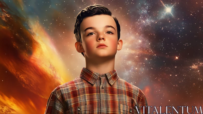 Portrait of boy in plaid shirt against cosmic nebula field.