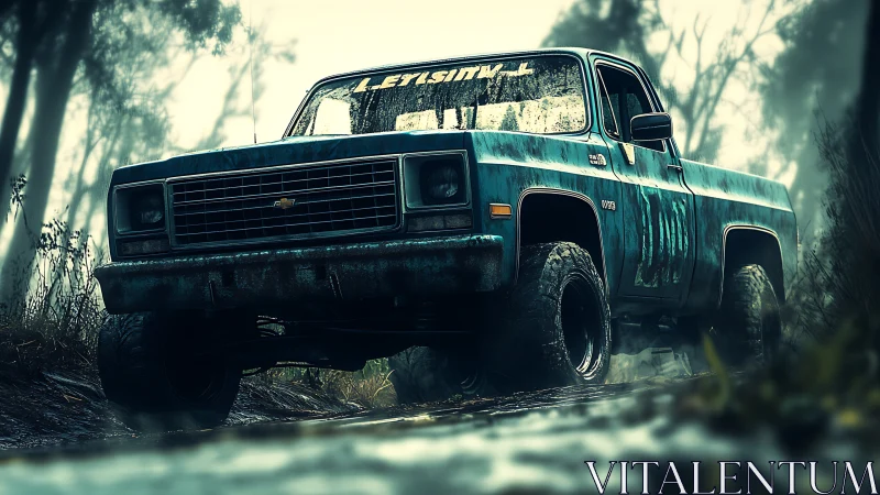 Rustic Chevy truck powering through misty forest mud trail.