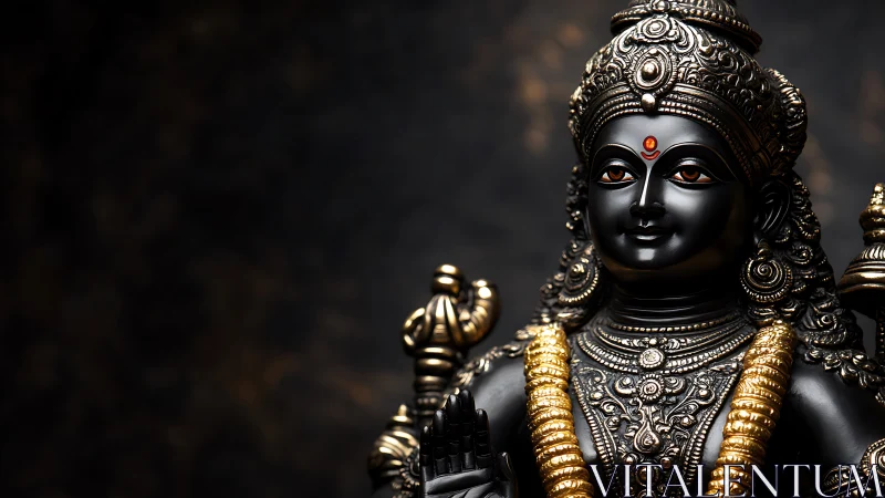 Photorealistic black deity sculpture with ornate gilded adornments.