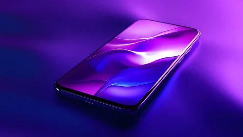 Sleek modern smartphone on glowing purple background, digital art.
