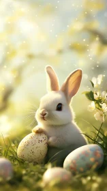 Easter bunny with painted eggs in glowing spring meadow.