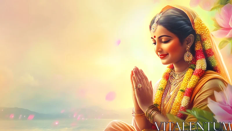Graceful Indian woman in prayer by serene lotus lake.