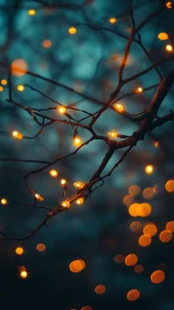 Copper fairy lights twined through dusk forest branches.