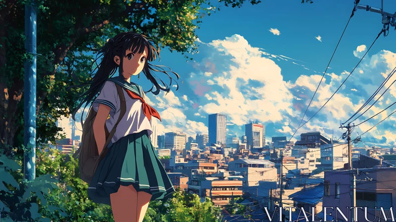Schoolgirl overlooking bright urban cityscape at noon.