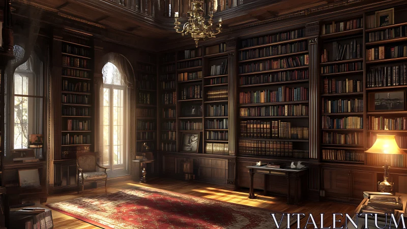 Sunlit mahogany library with ornate chandelier glow.