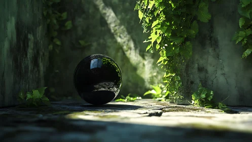 Quiet black sphere resting in a sunlit, overgrown corner.