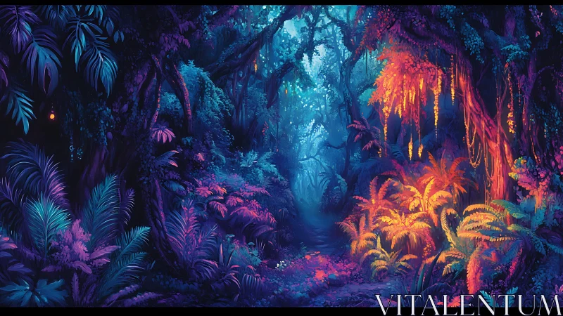 Neon jungle pathway glows under surreal bioluminescent light