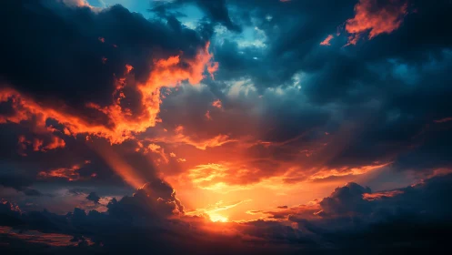 Glowing sunset sky pours warm light through stormy clouds