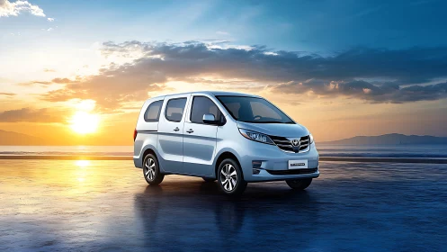 Silver compact van on reflective beach at vivid sunset.