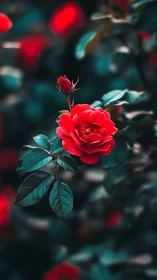 Crimson Rose Blooms in Teal Haze: Garden Romance Unfolds.