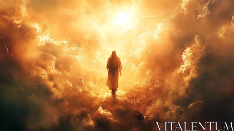 Luminous figure ascending through blazing celestial clouds.