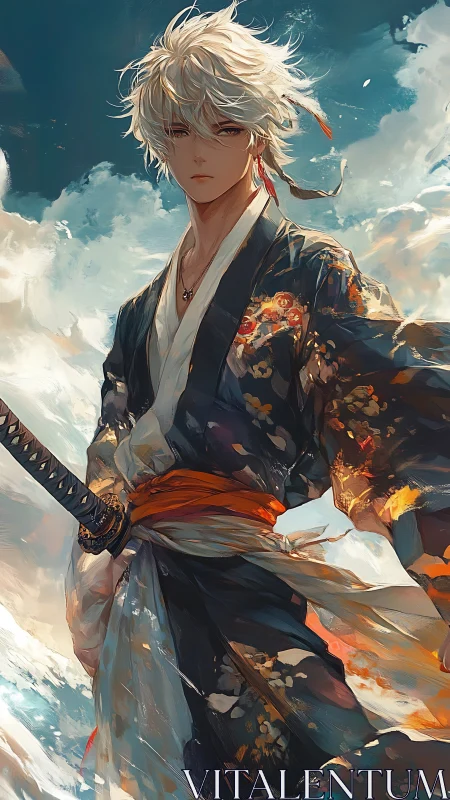 White haired swordsman in ornate kimono under sky.