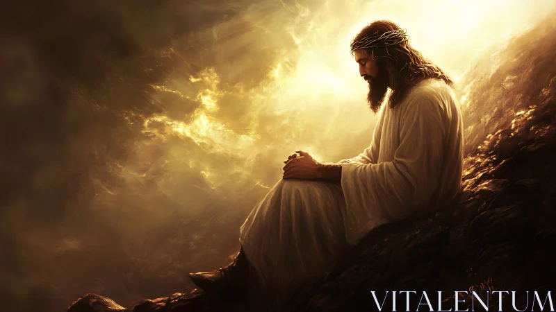 Solitary robed figure seated on rocky slope in golden light.