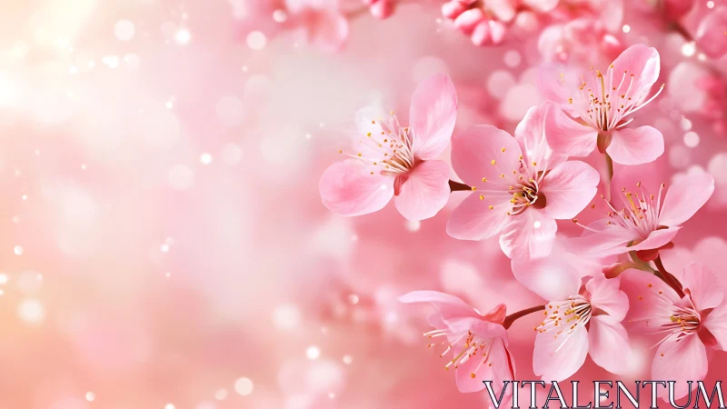 Delicate cherry blossoms with golden stamens in soft pink bokeh environment.