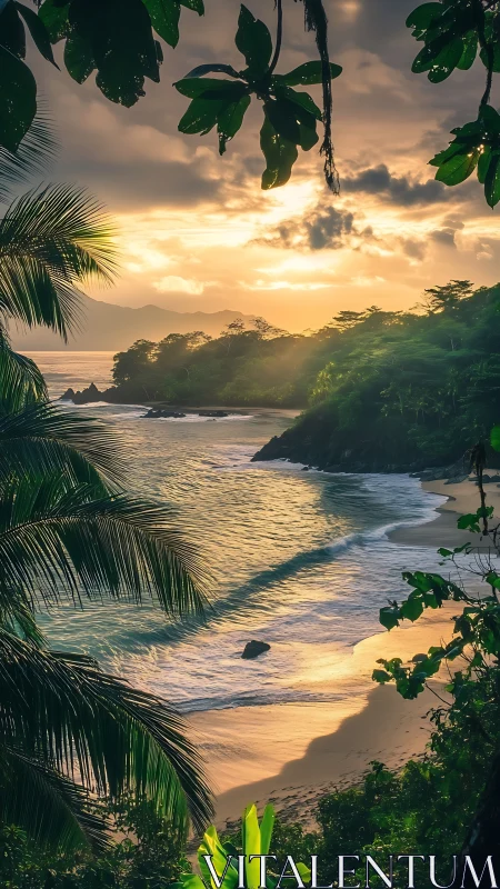 Golden sunset embracing a quiet tropical cove by the sea.