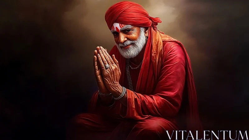 Crimson-clad holy elder blessing dusk with gentle grace.