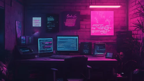 Cyberpunk coding workstation under neon magenta glow.