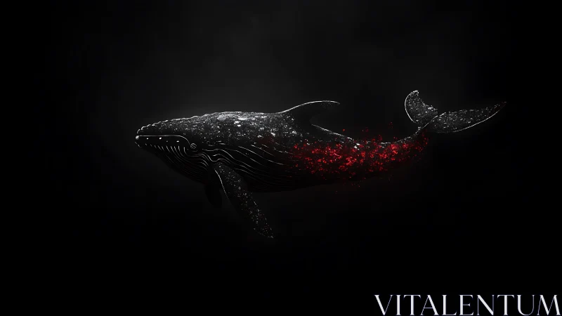 Digital humpback whale dissolving into red particles.