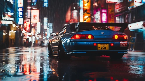 Neon city rain glows around a sleek blue street racer.