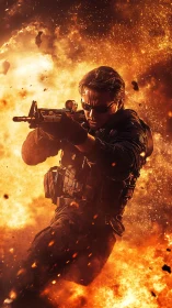 Tactical soldier fires rifle mid-leap through fiery explosion