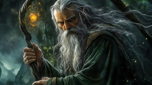 Digital painting of arcane forest wizard with luminous staff.