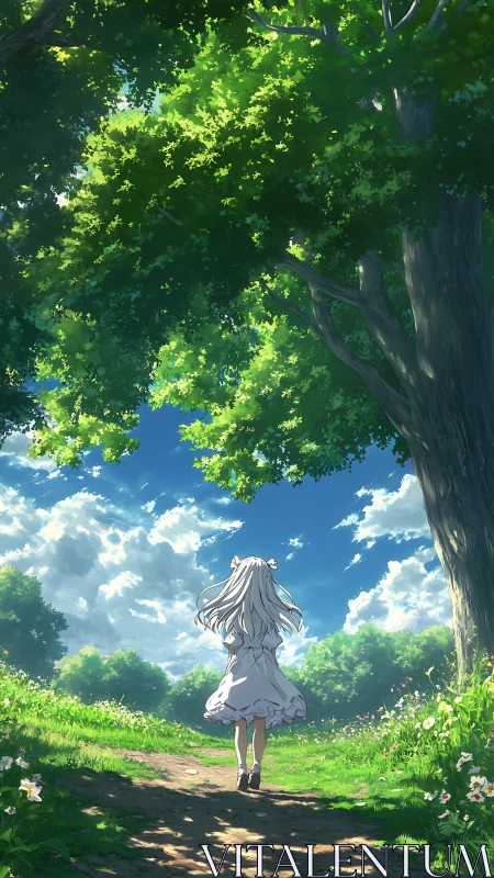 Backlit anime girl walks under verdant canopy on sunlit path