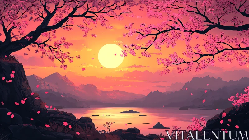 Radiant sunset glows beneath gentle cherry blossom arches