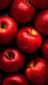 Glossy red apples rest in dark water with dense droplets