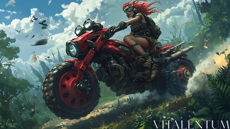 Post-apocalyptic rider powers heavy red bike through jungle