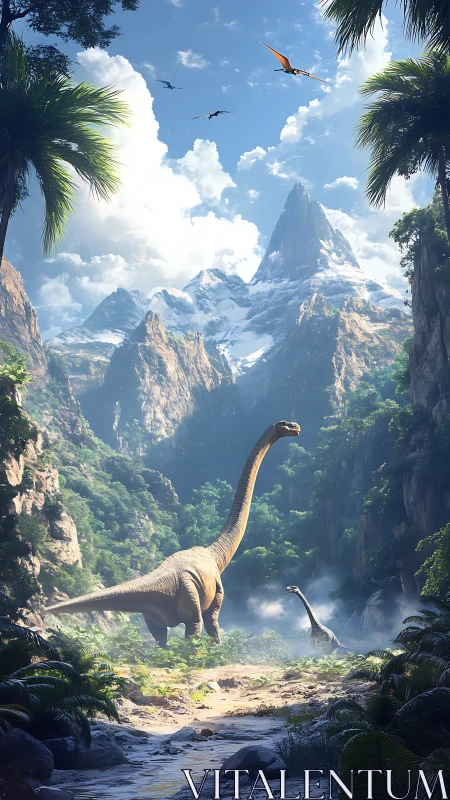 Sauropod herd crossing misty Jurassic valley at sunrise.