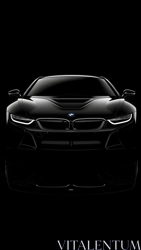 Front elevation of black BMW coupe in high-contrast lighting