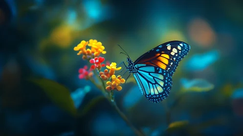 Blue butterfly resting on yellow and red wildflowers.