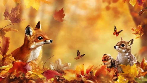 Autumn forest tableau with hyper-detailed fox, chipmunk and leaves