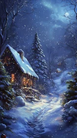 Snowy forest cabin glows under moonlit winter night sky