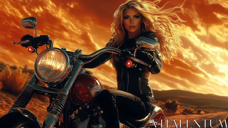 Leather-clad biker woman riding motorcycle at blazing sunset.