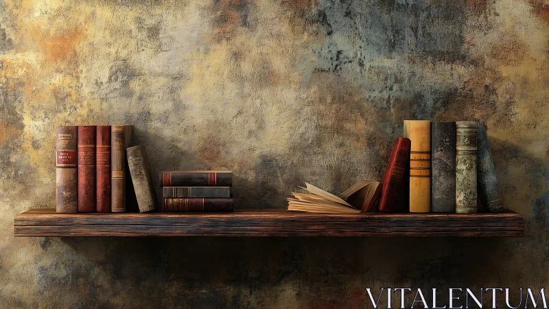 Wooden wall shelf holds worn vintage books in uneven rows