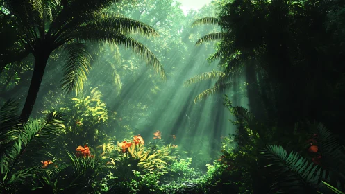 Sunlit tropical jungle clearing with vivid orange flowers.