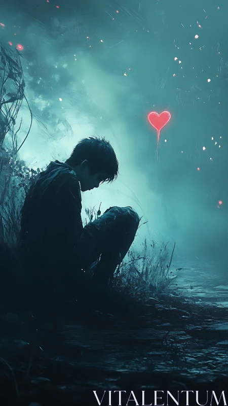 Silhouetted figure near path with glowing heart symbol at dusk.