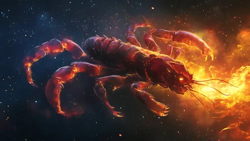 Fiery cosmic crustacean rendering in deep space environment.